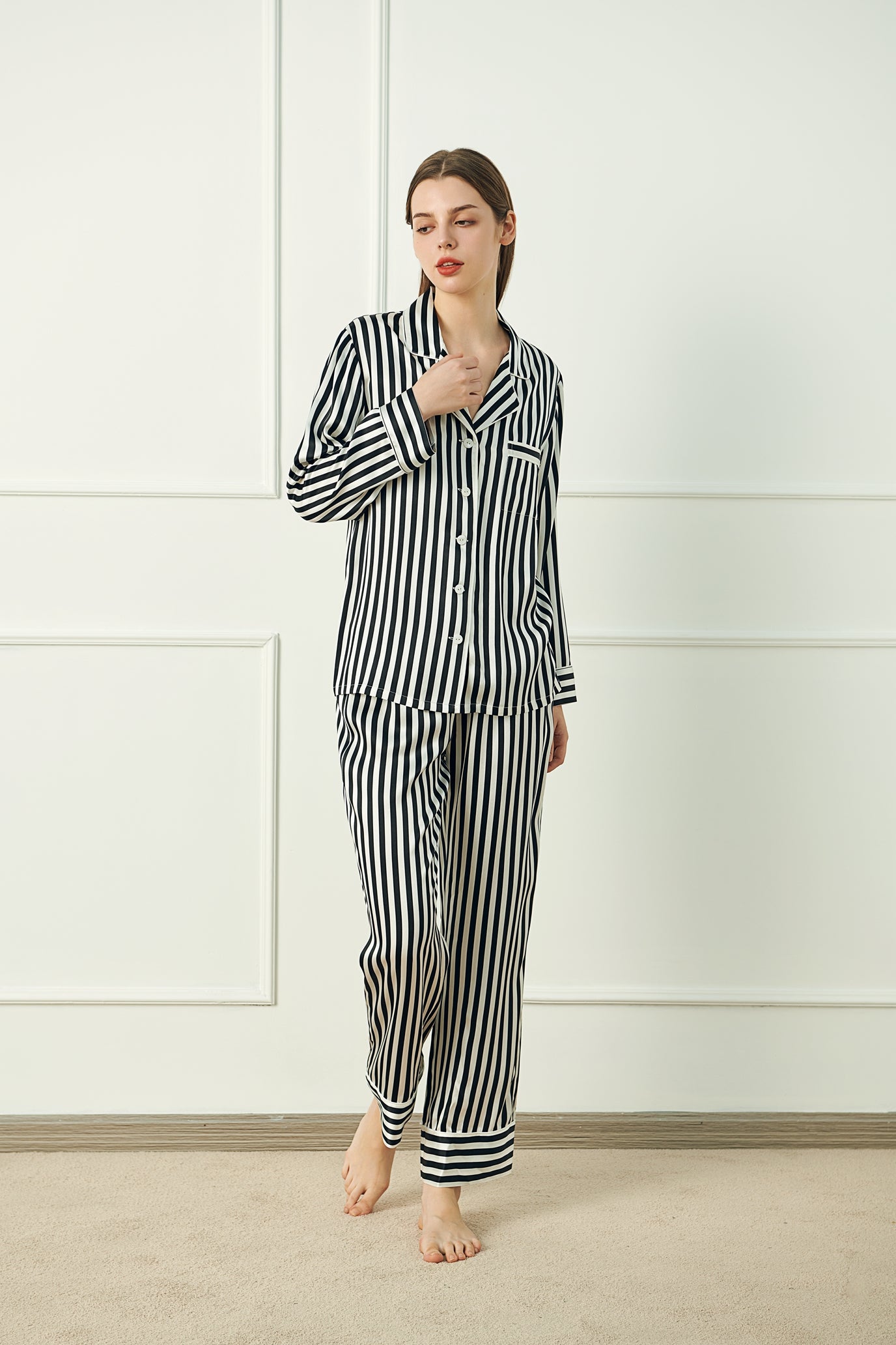 Button-Up Full Length Striped Silk Pajama Set