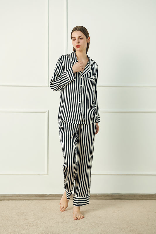 Button-Up Full Length Striped Silk Pajama Set