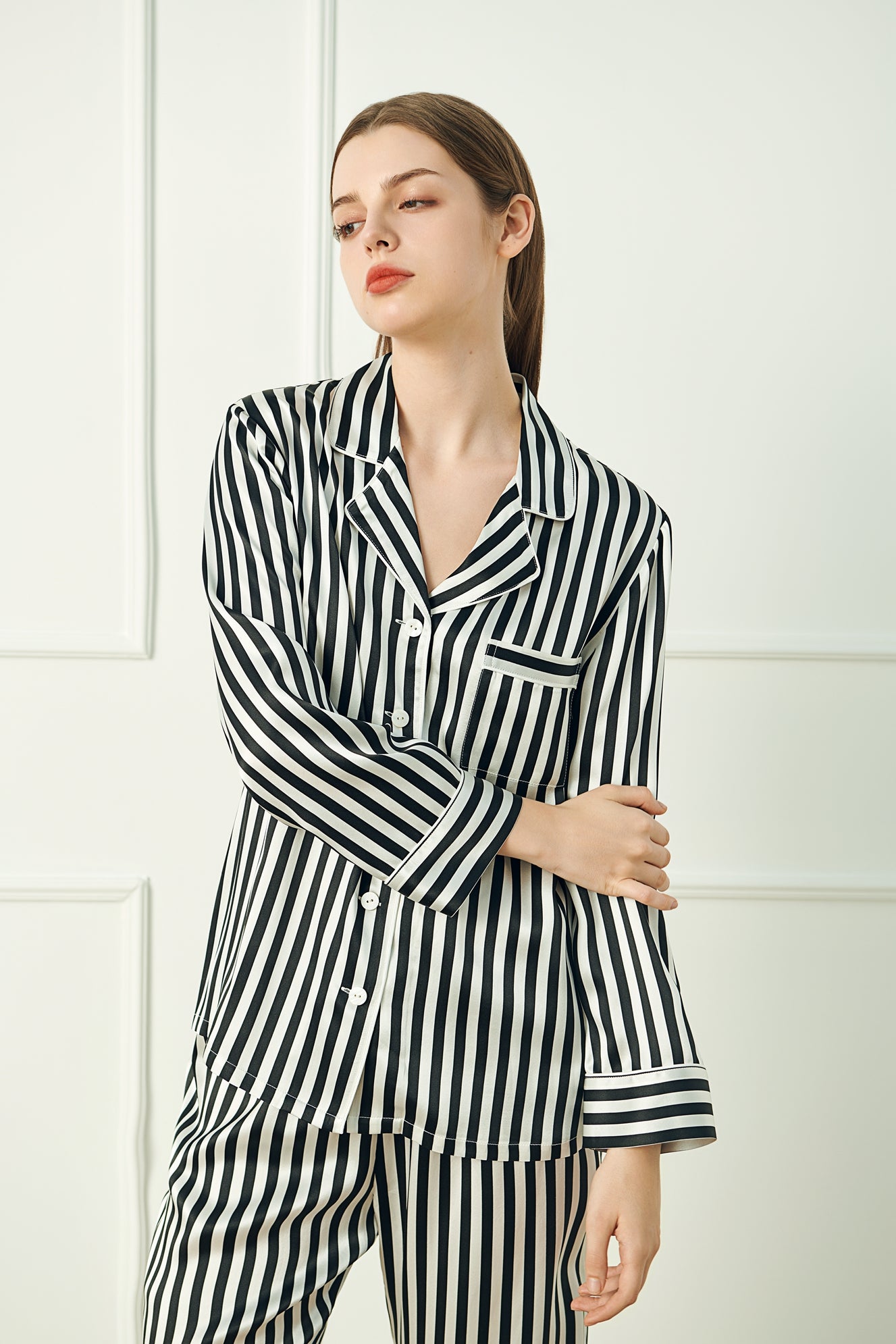 Button-Up Full Length Striped Silk Pajama Set