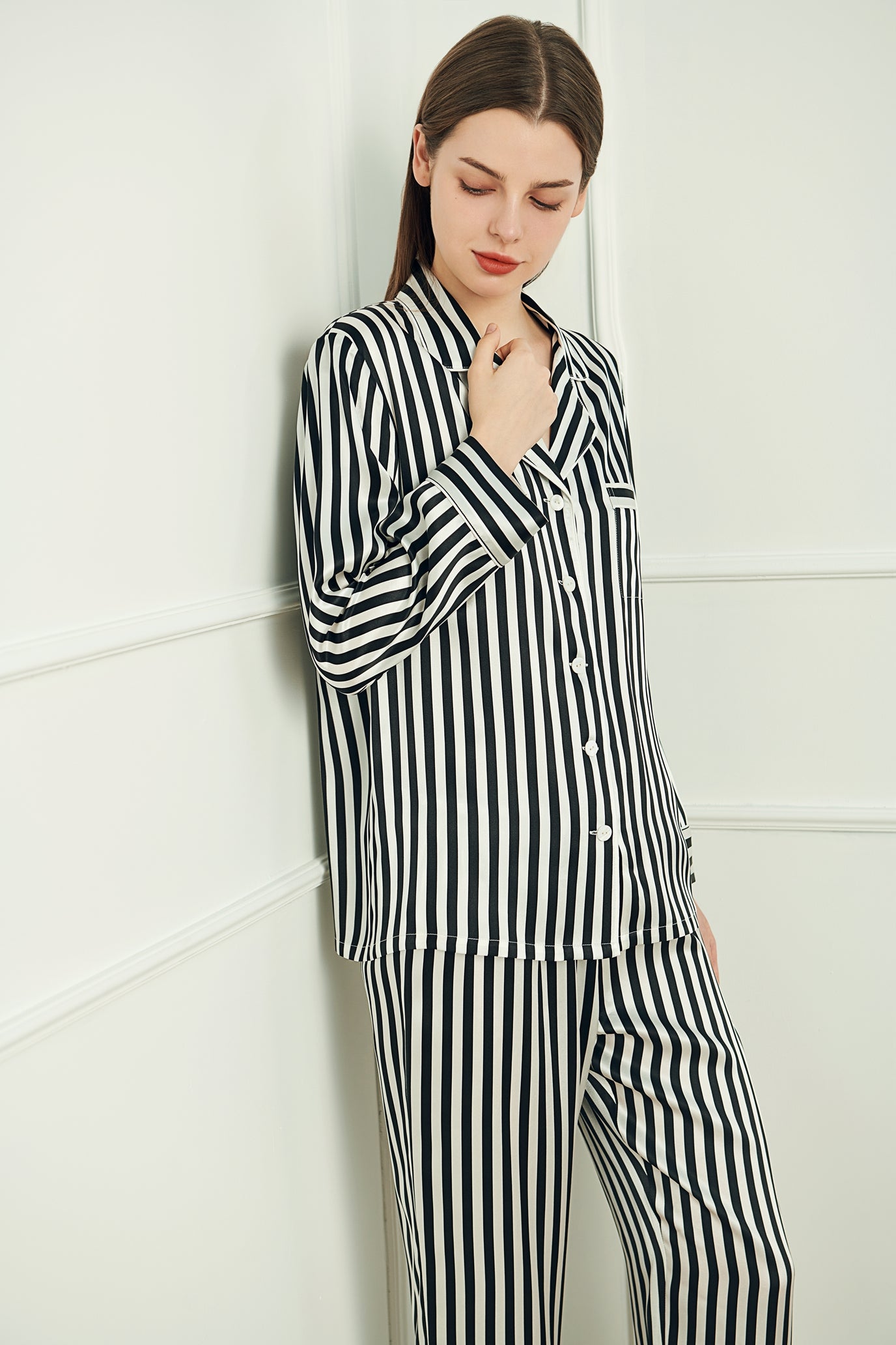 Button-Up Full Length Striped Silk Pajama Set