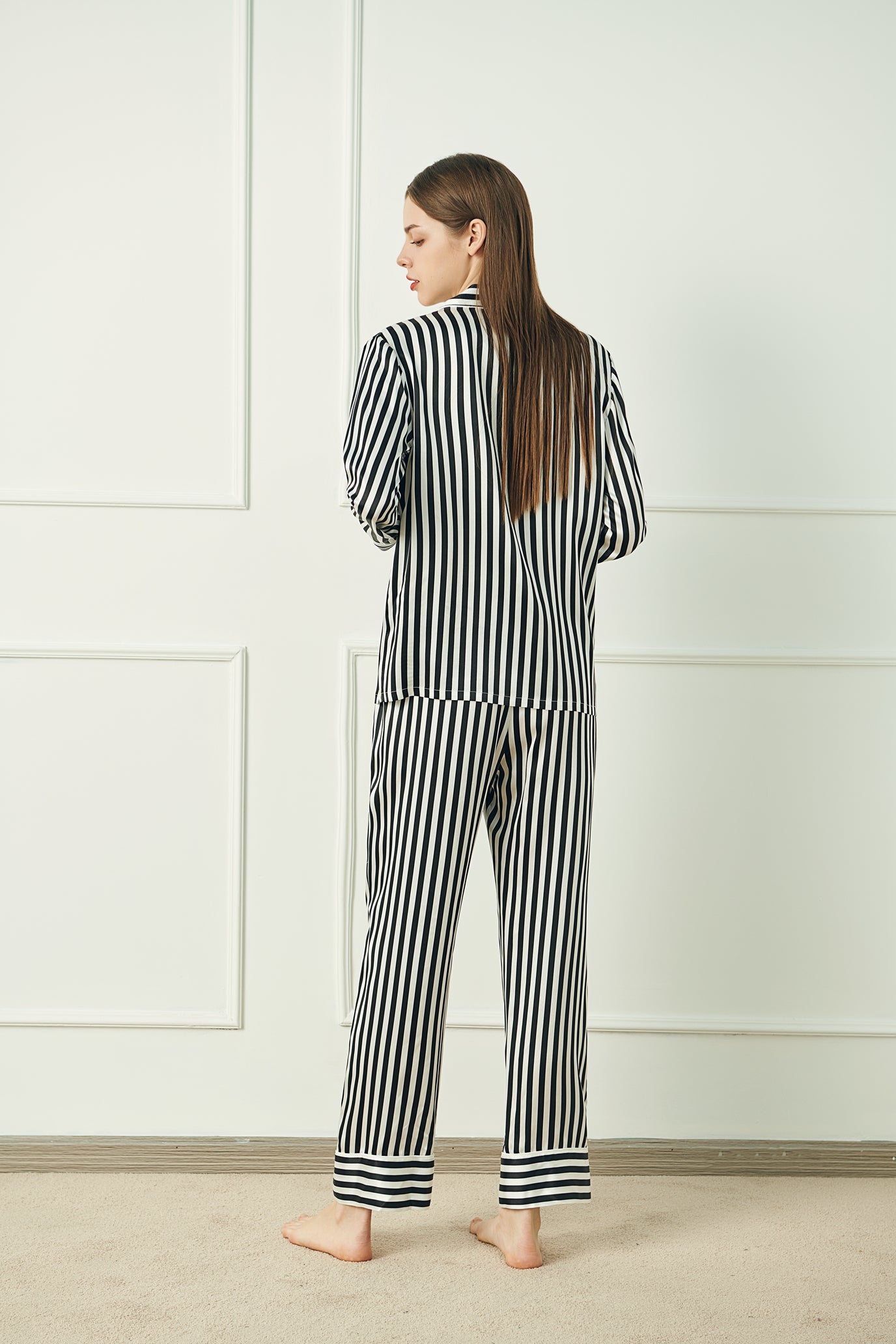 Button-Up Full Length Striped Silk Pajama Set