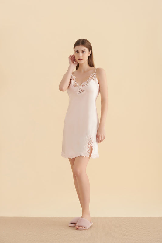 22 Momme Silk Night Dress With Delicate Lace