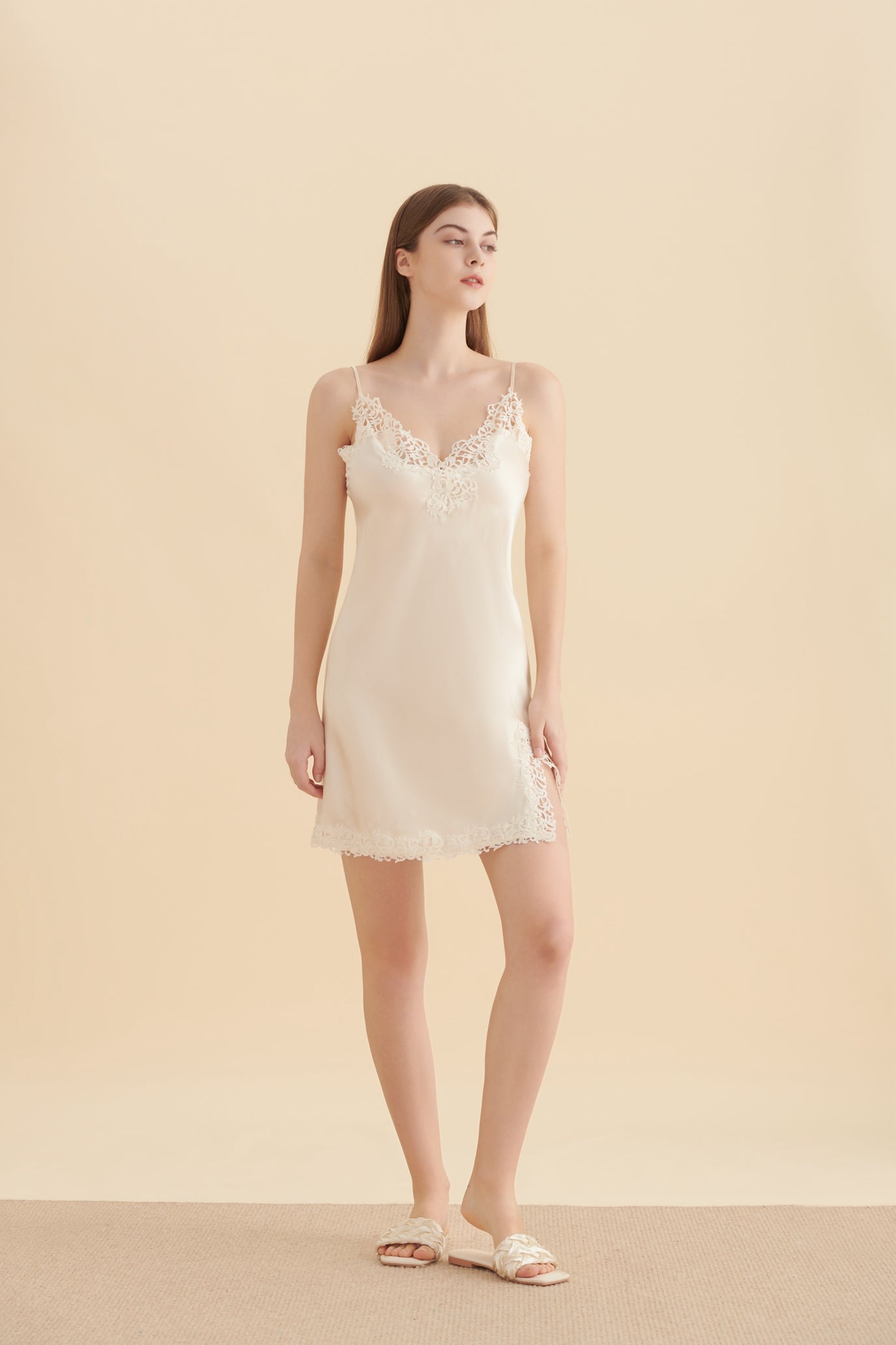 22 Momme Silk Night Dress With Delicate Lace