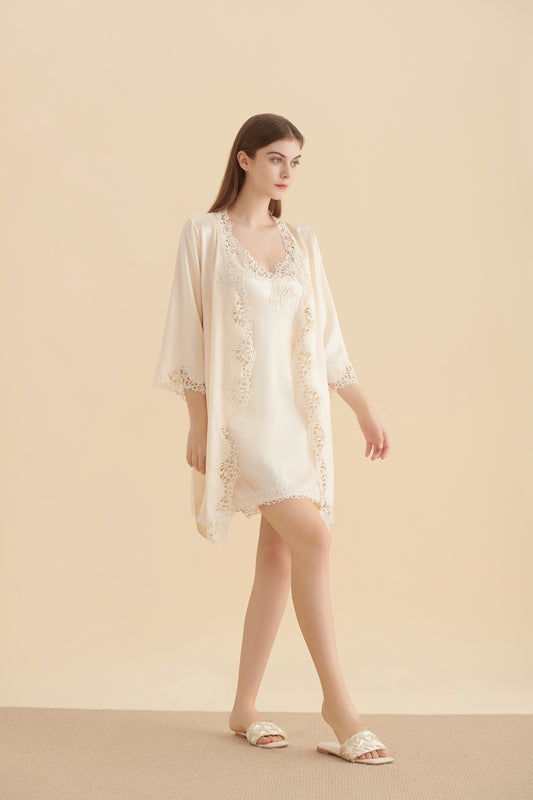 22 Momme Silk Night Robe With Delicate Lace