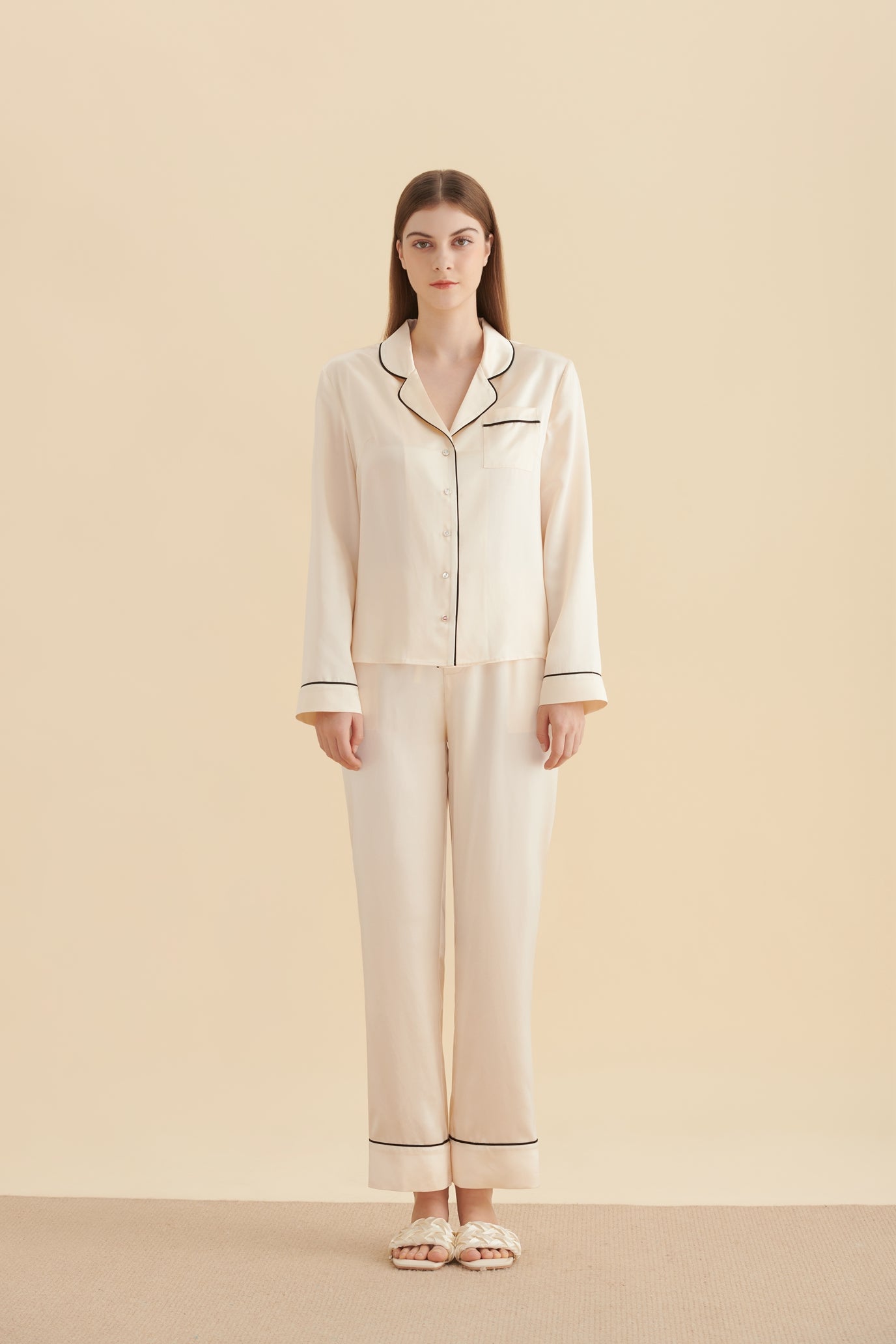 22 Momme Contrast Piping Button-Up Full Length Silk Pajama Set