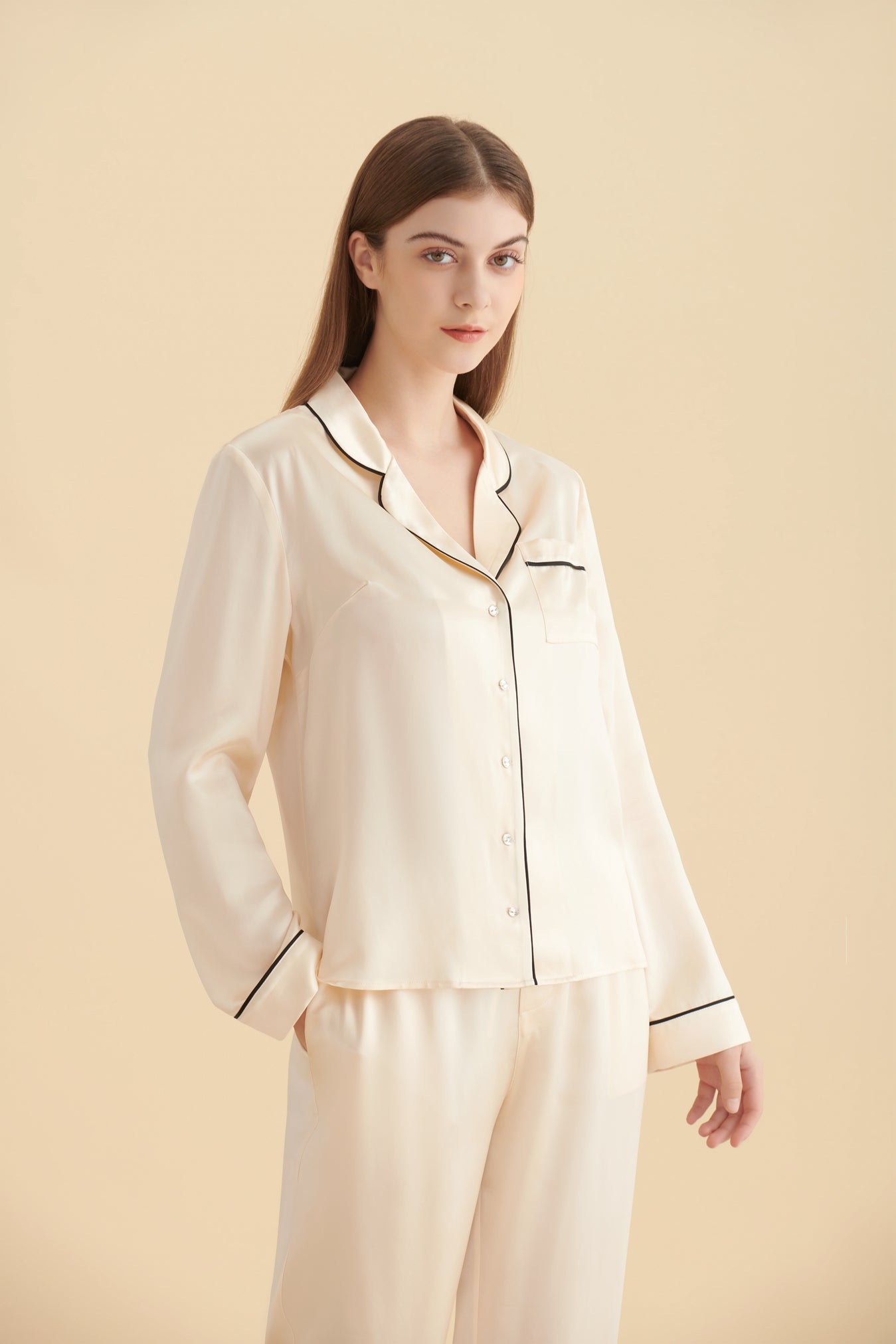 22 Momme Contrast Piping Button-Up Full Length Silk Pajama Set