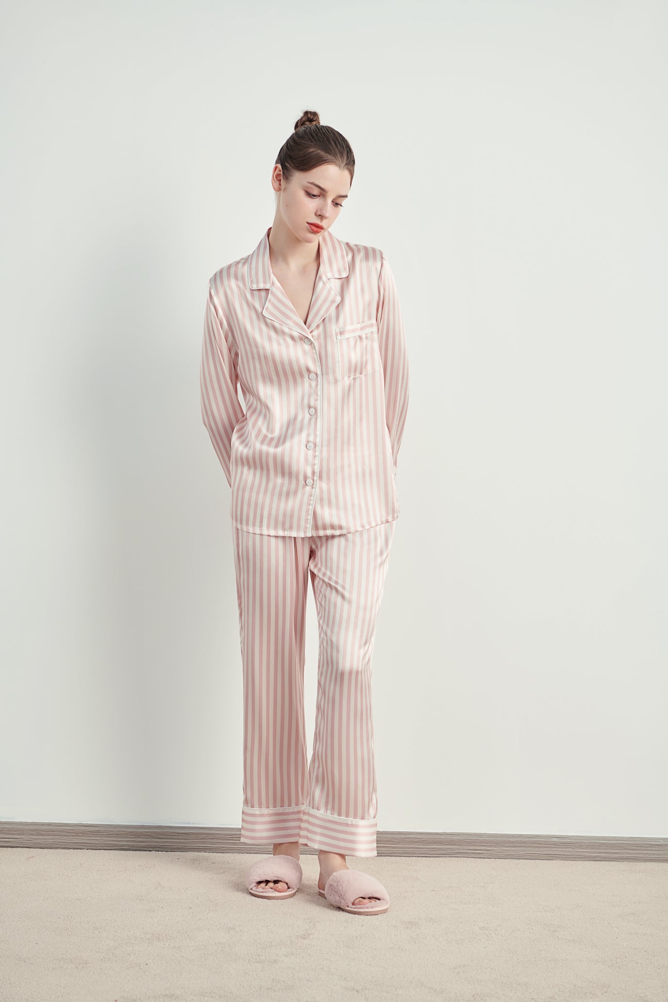 Button-Up Full Length Striped Silk Pajama Set