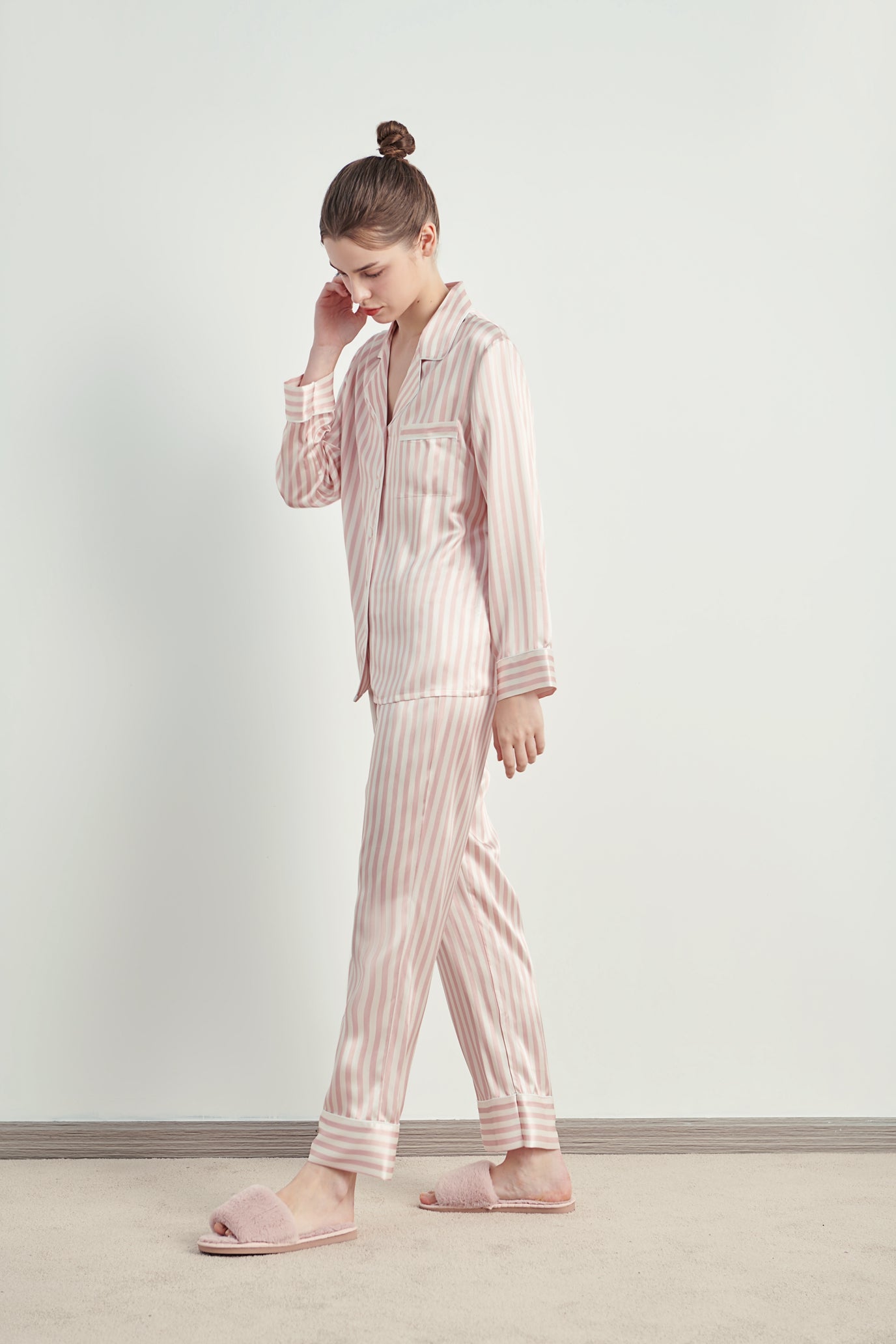 Button-Up Full Length Striped Silk Pajama Set