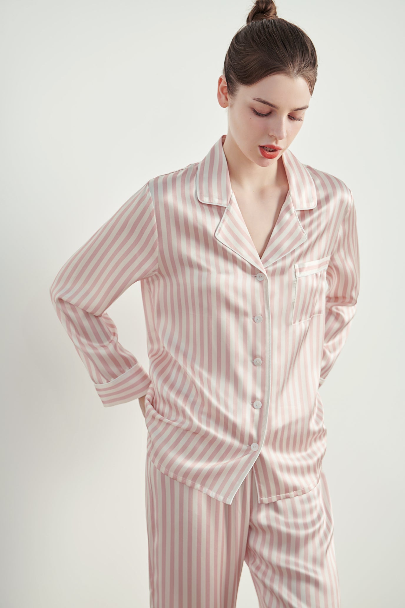 Button-Up Full Length Striped Silk Pajama Set