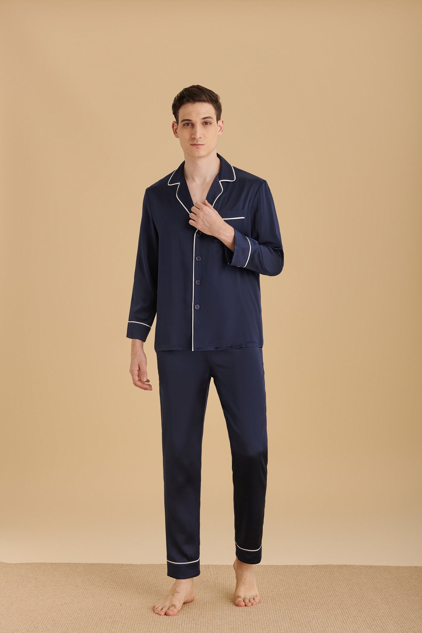 22 Momme Men Long Silk Pajamas Set with Contrast Trim