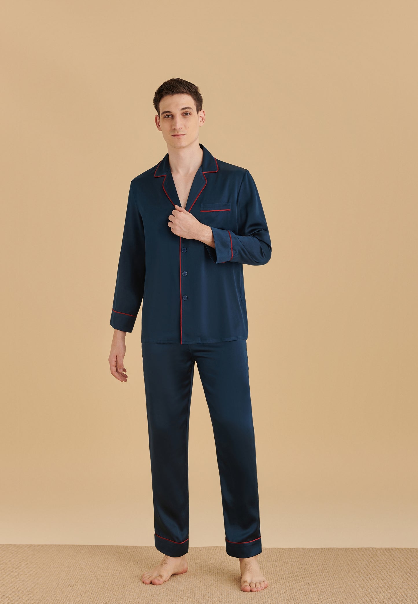 22 Momme Men Long Silk Pajamas Set with Contrast Trim