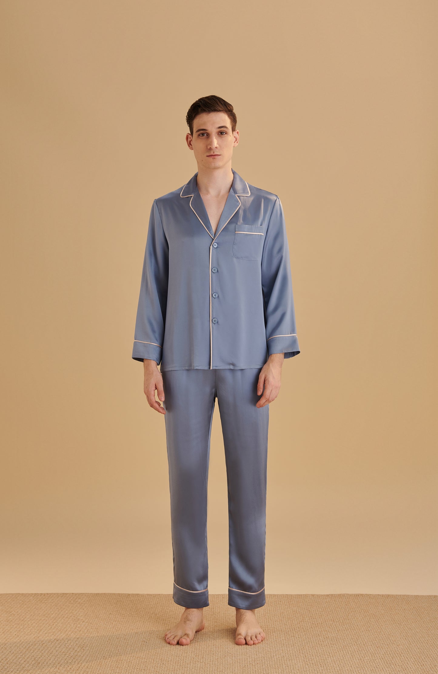 22 Momme Men Long Silk Pajamas Set with Contrast Trim