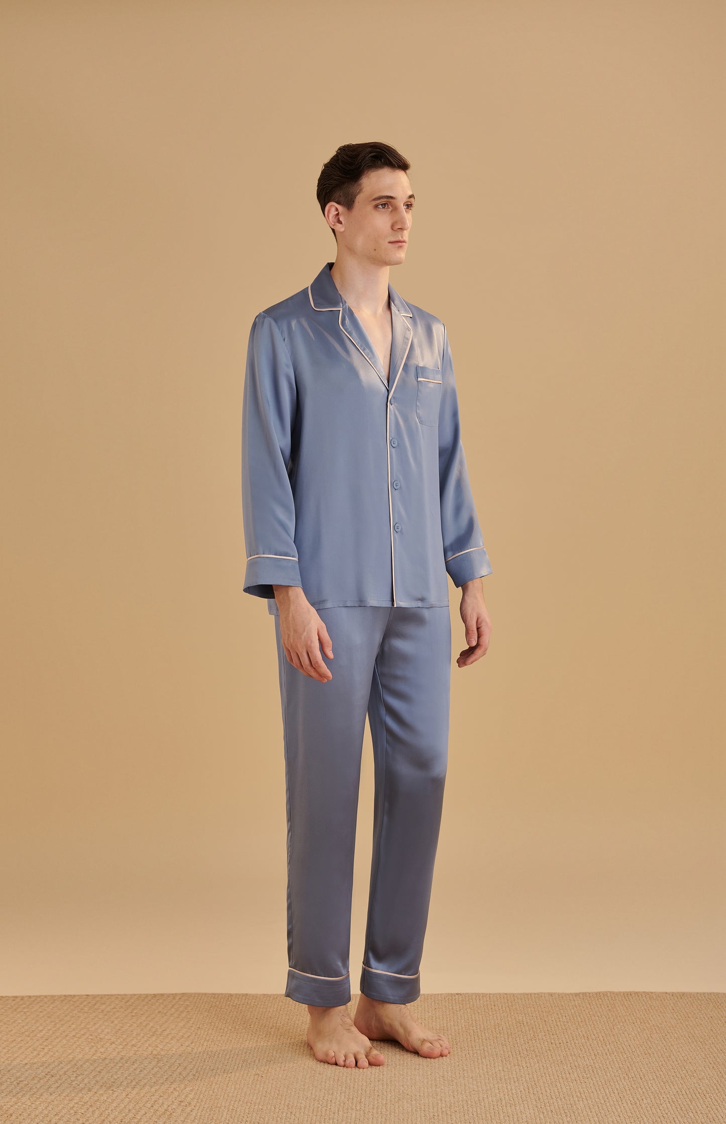 22 Momme Men Long Silk Pajamas Set with Contrast Trim